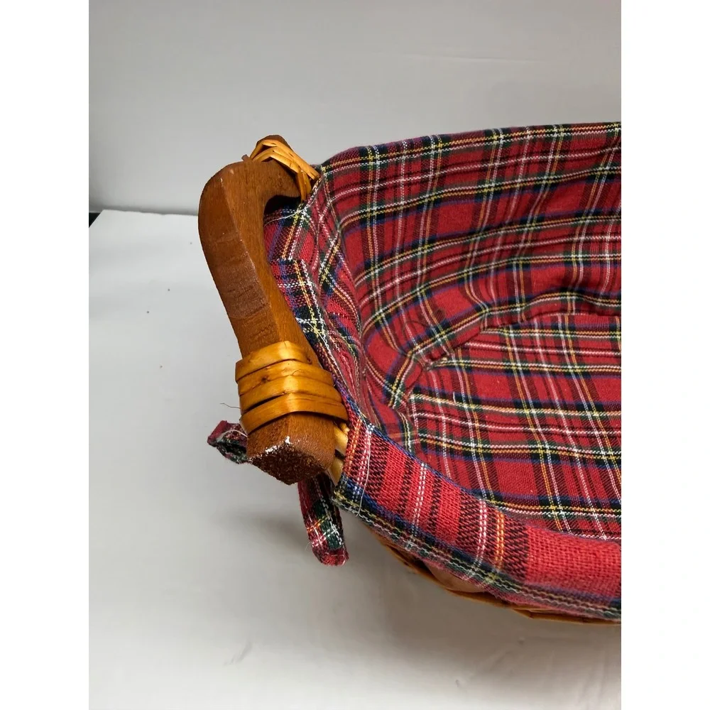 Vintage Wicker Bread Basket with Red Tartan Plaid Liner and Wooden Handles